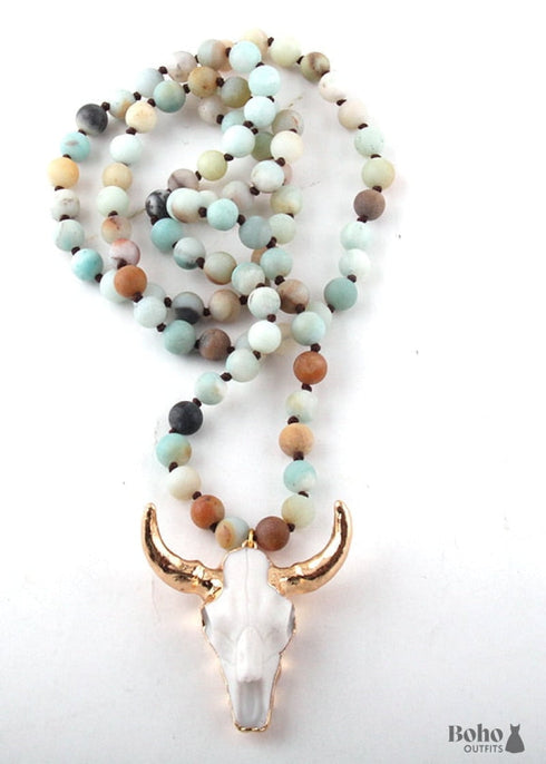 Boho Necklace, RH Amazonite Horn Natural Green Stone
